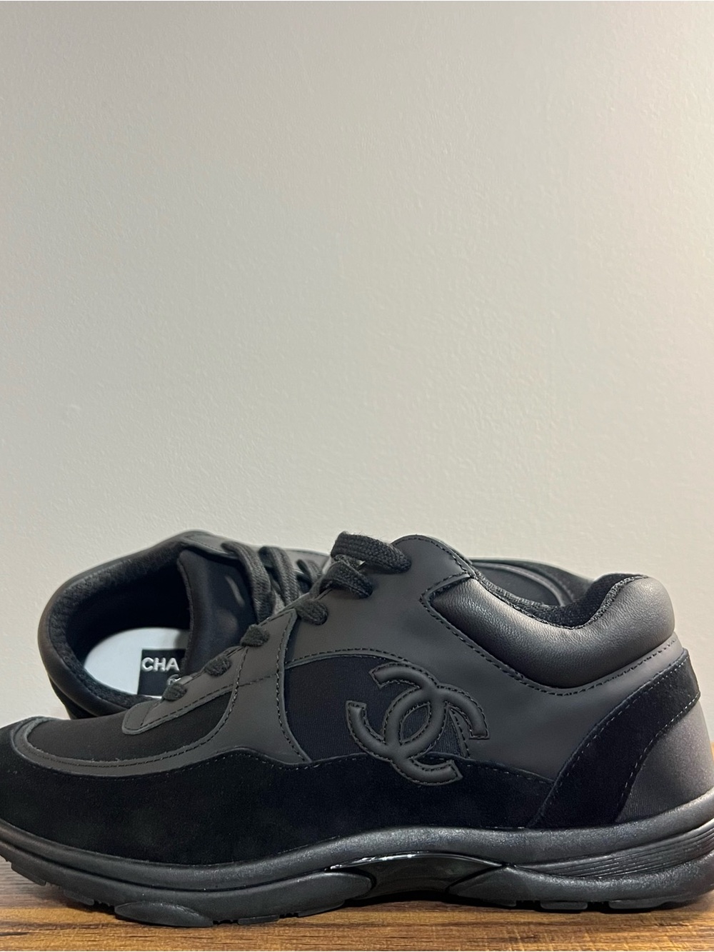 CHANEL Black Triple Black Leather & Suede CC Logo Sneaker